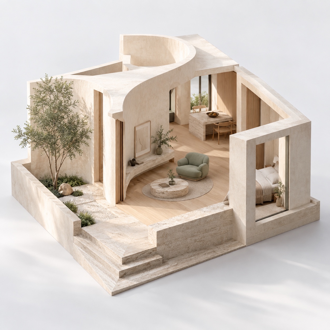 Architectural courtyard maquette with warm stone walls, timber floors and greenery